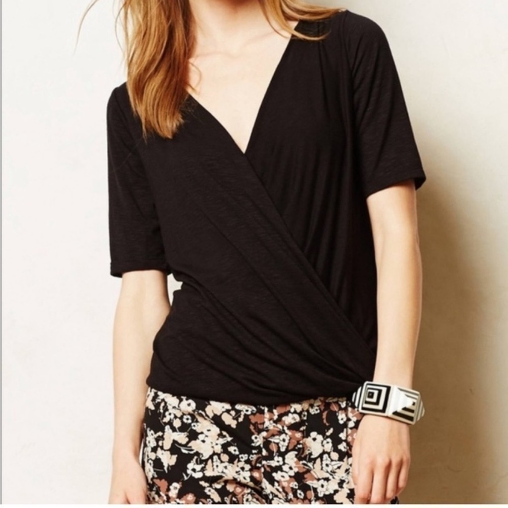 Anthropologie Dolan Black Surplice Short Sleeve Wrap Top